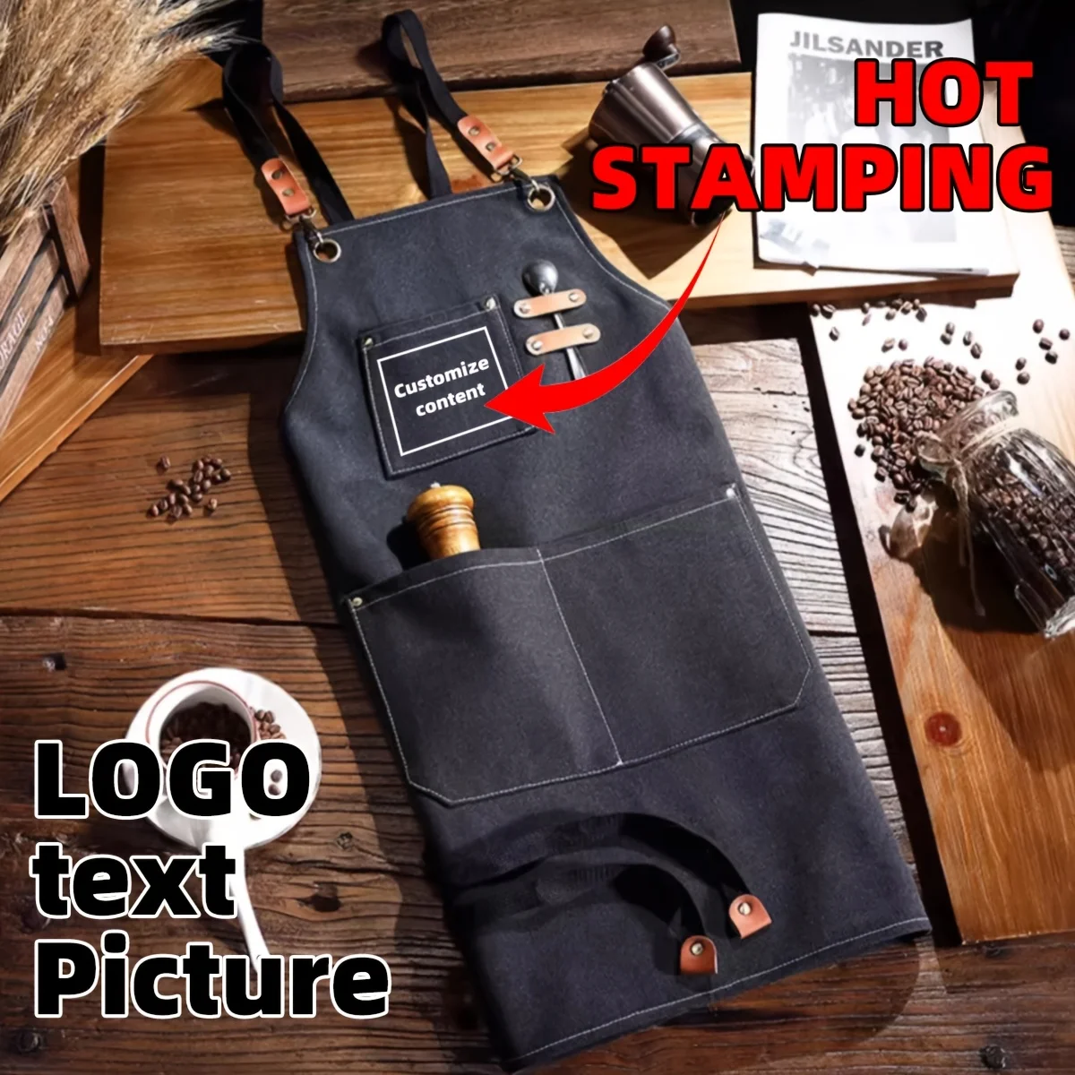 Personalized Custom Logo Text Canvas Apron with Pockets Heavy Duty Adjustable Work Apron for Cafe Restaurant Bakery BBQ Unisex