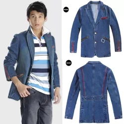 Clearance Sale Men Spring Fall Vintage Red Zipper Patchwork Slim Denim Blazer Coat , Man Casual 3xl Fashion Blazers Coats