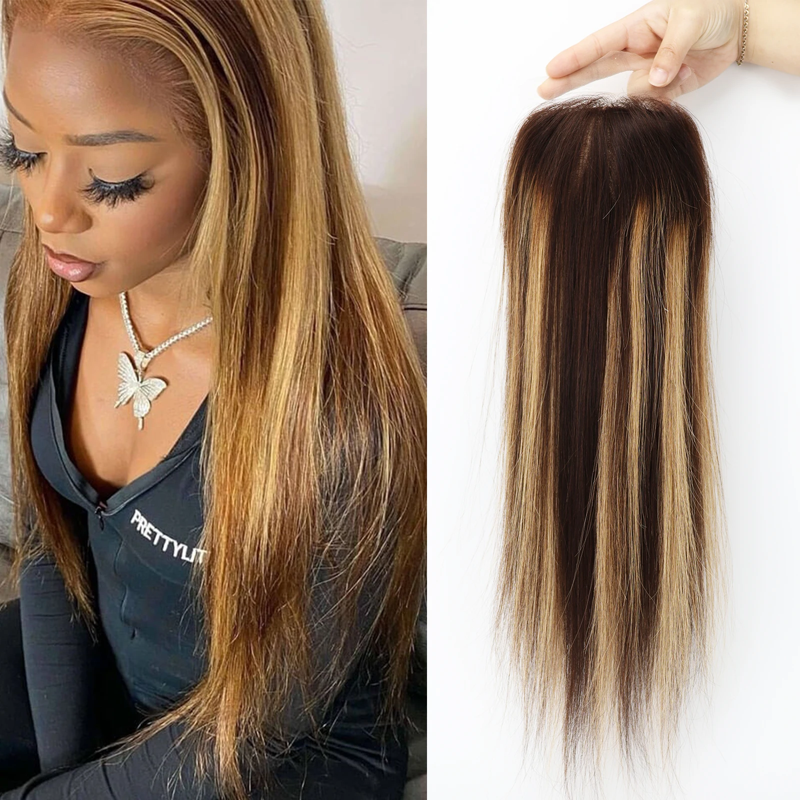 

Highlight 4/27 Silk Base Topper with Clips in Brazilian Virgin Human Hair Cloure with Lace Front Brown Blonde Silk Top Toupee