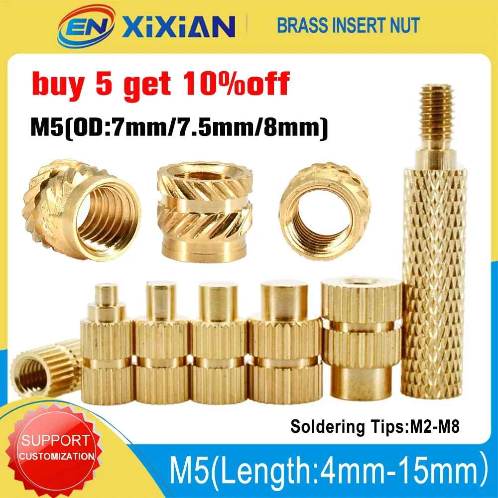 M5 Brass Hot Melt Insert Knurled Nut Thread Heating Molding Double Twill Injection Embedment Nut For 3D Printer Soldering Tips