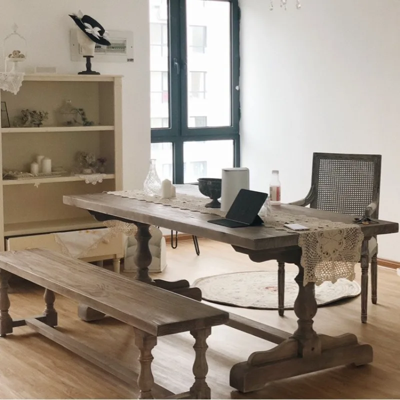 French old dining table, American retro solid wood conference table, restaurant negotiation table