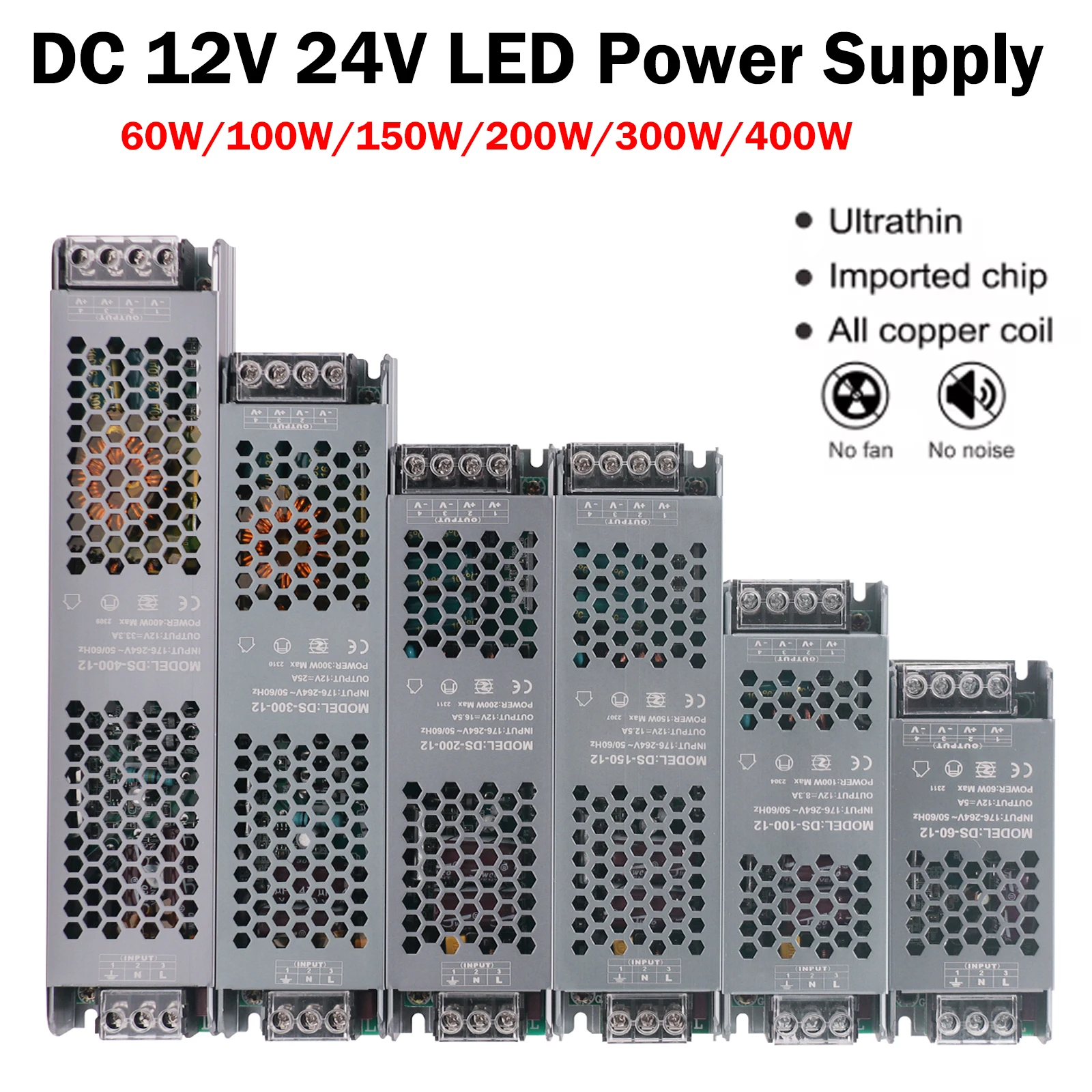 AC176-264V Ultra Thin Lighting Transformer DC12V/24V LED Power Supply 60W 100W 150W 200W 300W 400W LED Strip Driver Converter