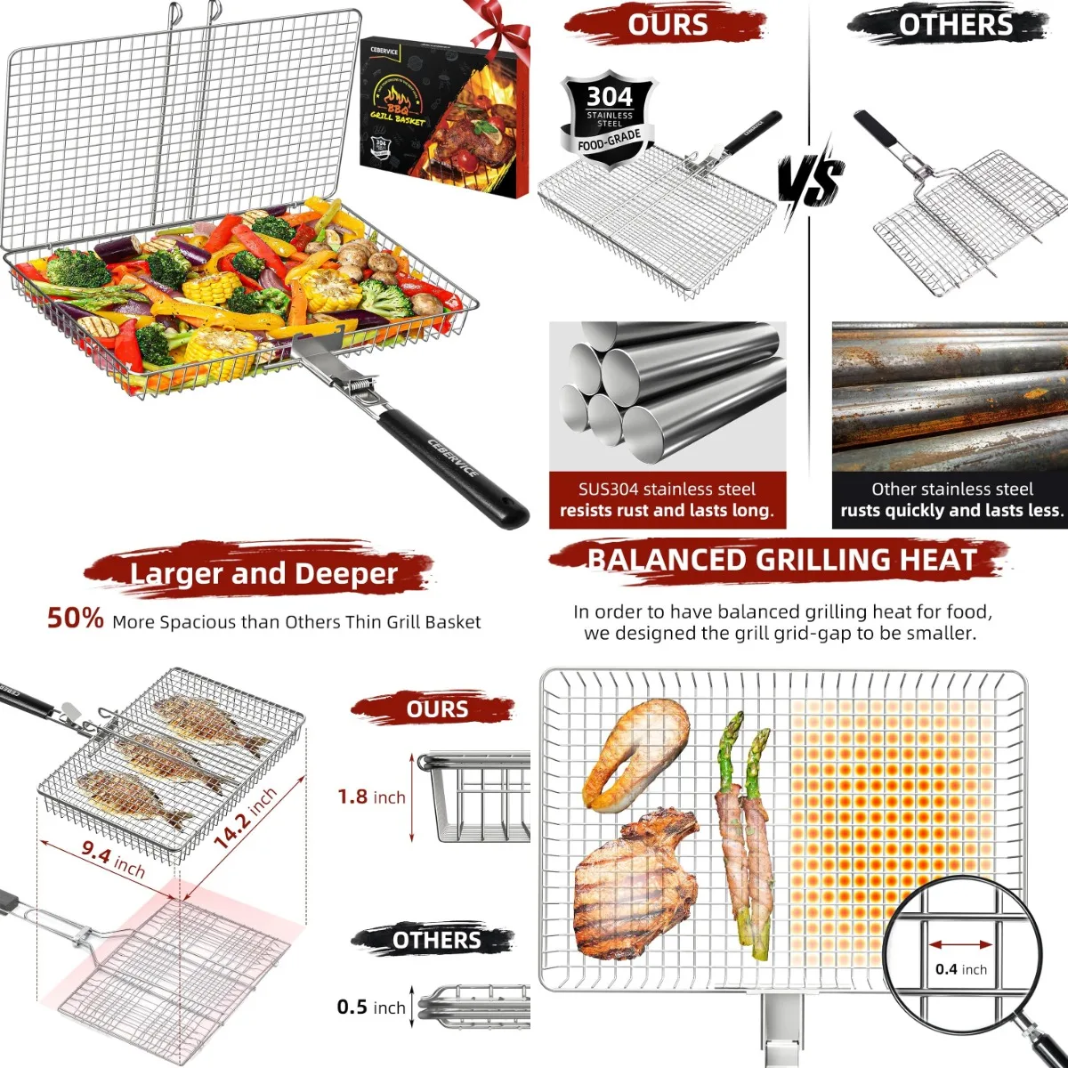 

Grill Basket Extra Large, SUS304 Stainless Steel, Portable Folding BBQ Camping Grilling Rack for Fish, Vegetables, Shrimp, Barbe