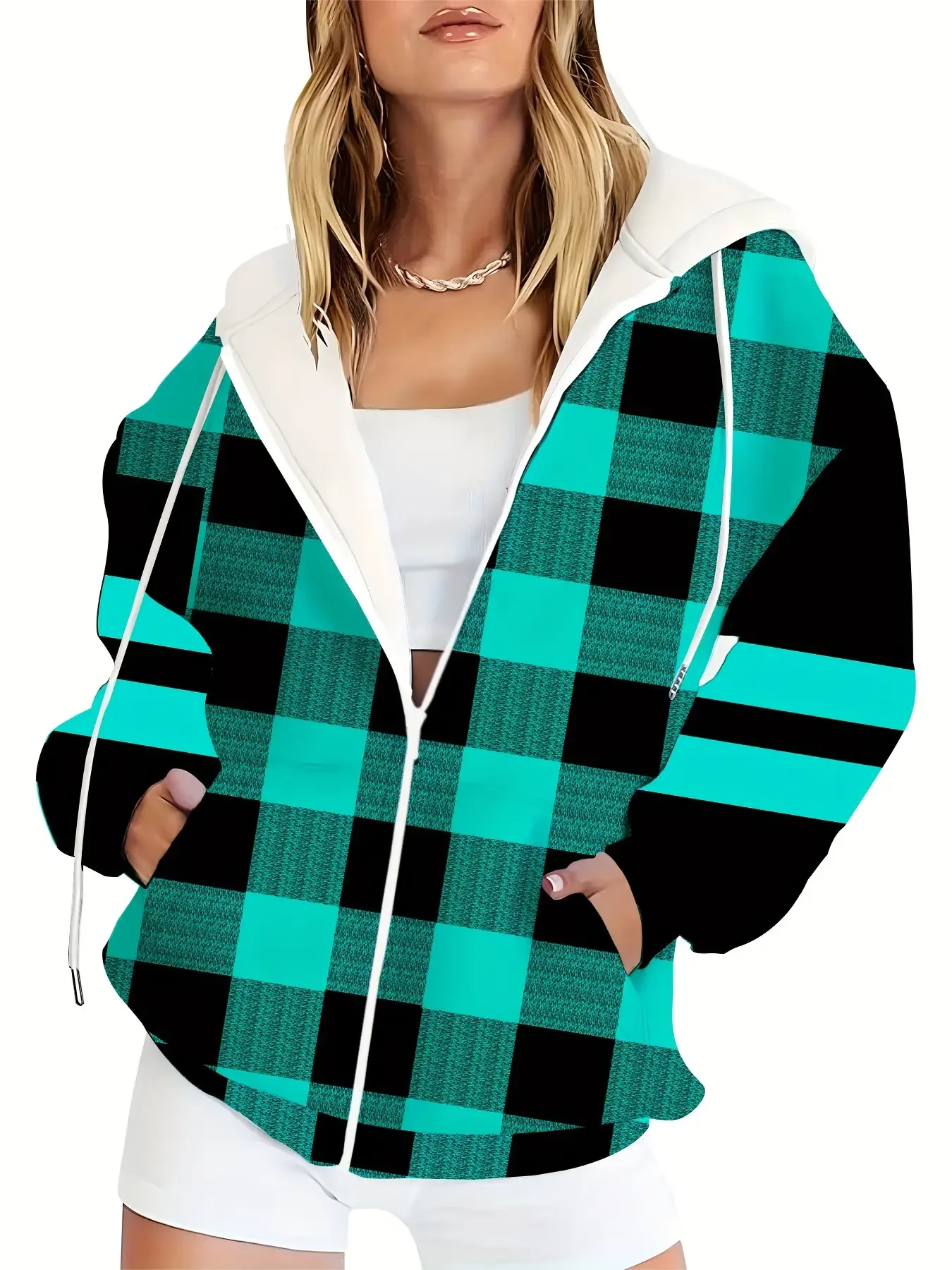 

2026 New Women's Printed Zipper Hoodie - ,Fluorescent green and black checkered collision top