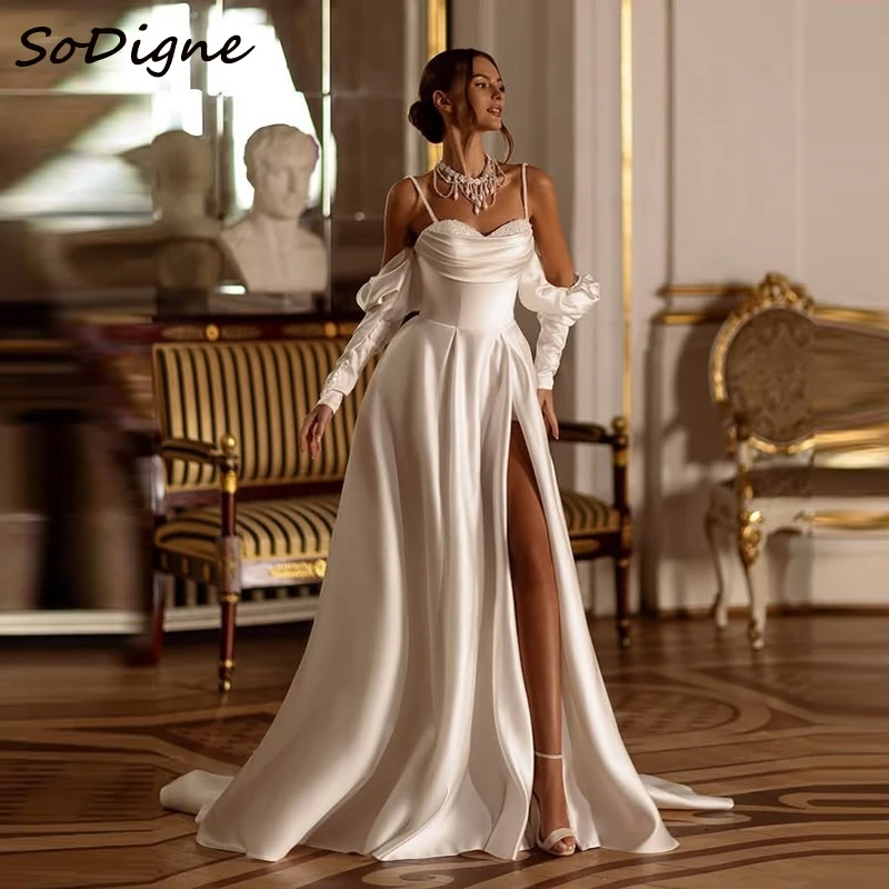 SoDigne A-Line Satin Wedding Dress Elegant Sweetheart Detachable Sleeves Bridal Gown Split Long Bride Dresses Customized ﻿