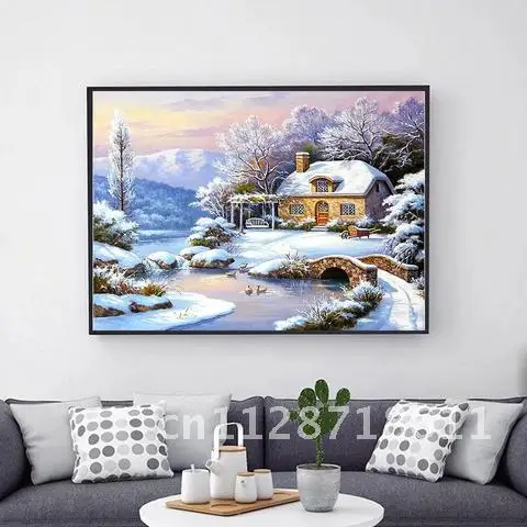 Snow House Landscape Diamond Embroidery Rhinestones Needlework Gift Decor Picture 5d Winter AZQSD Painting Home