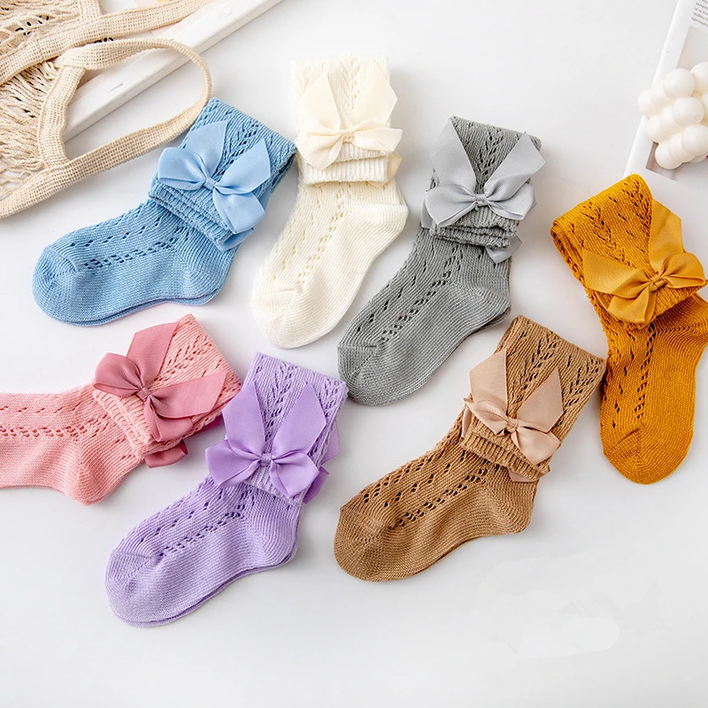 New Summer Girls Socks Kids Bow Long Sock Children Knee High Soft Cotton Mesh Spanish Style Children 1-9 Years Breathable Socks