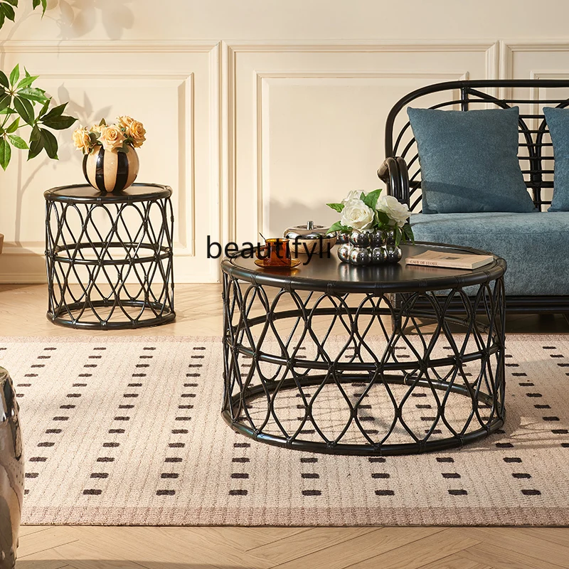 Black living room coffee table small apartment modern and simple, rattan size coffee table combination