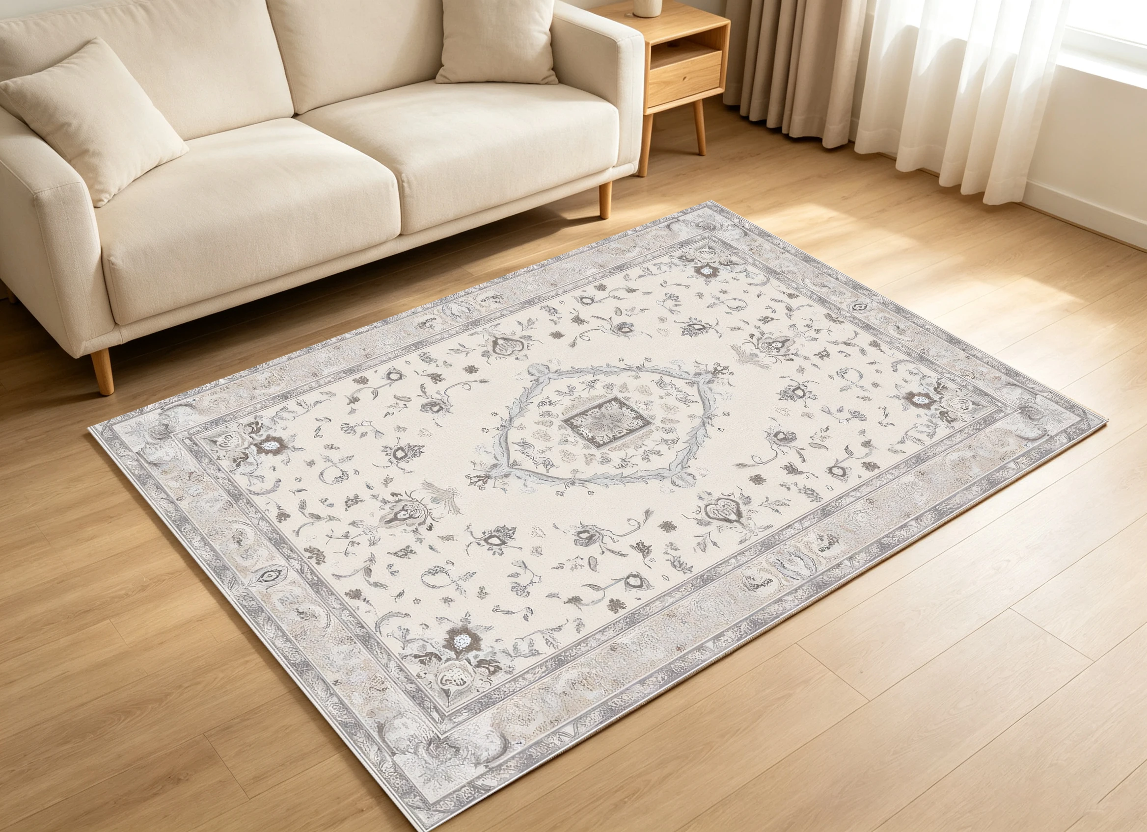 Cream‑Grey Vintage Diamond Medallion Area Rug, Elegant Muted Vines with Double Border, Cozy Autumn Winter Mat for Living Room Bedroom Home Decor