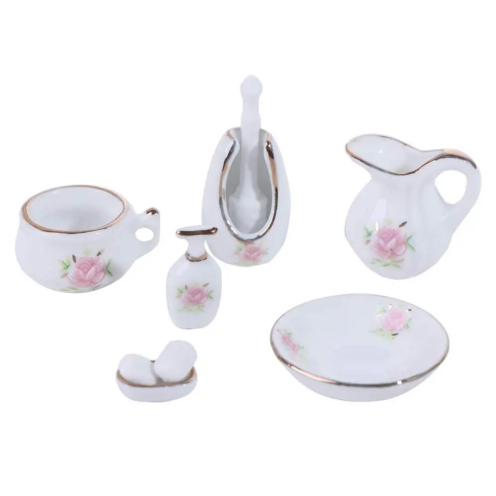

1/12 Scale Dollhouse Bathroom Porcelain Micro Scene Rose Floral Ceramic Dollhouse Furniture Exquisite Bathroom Accessory