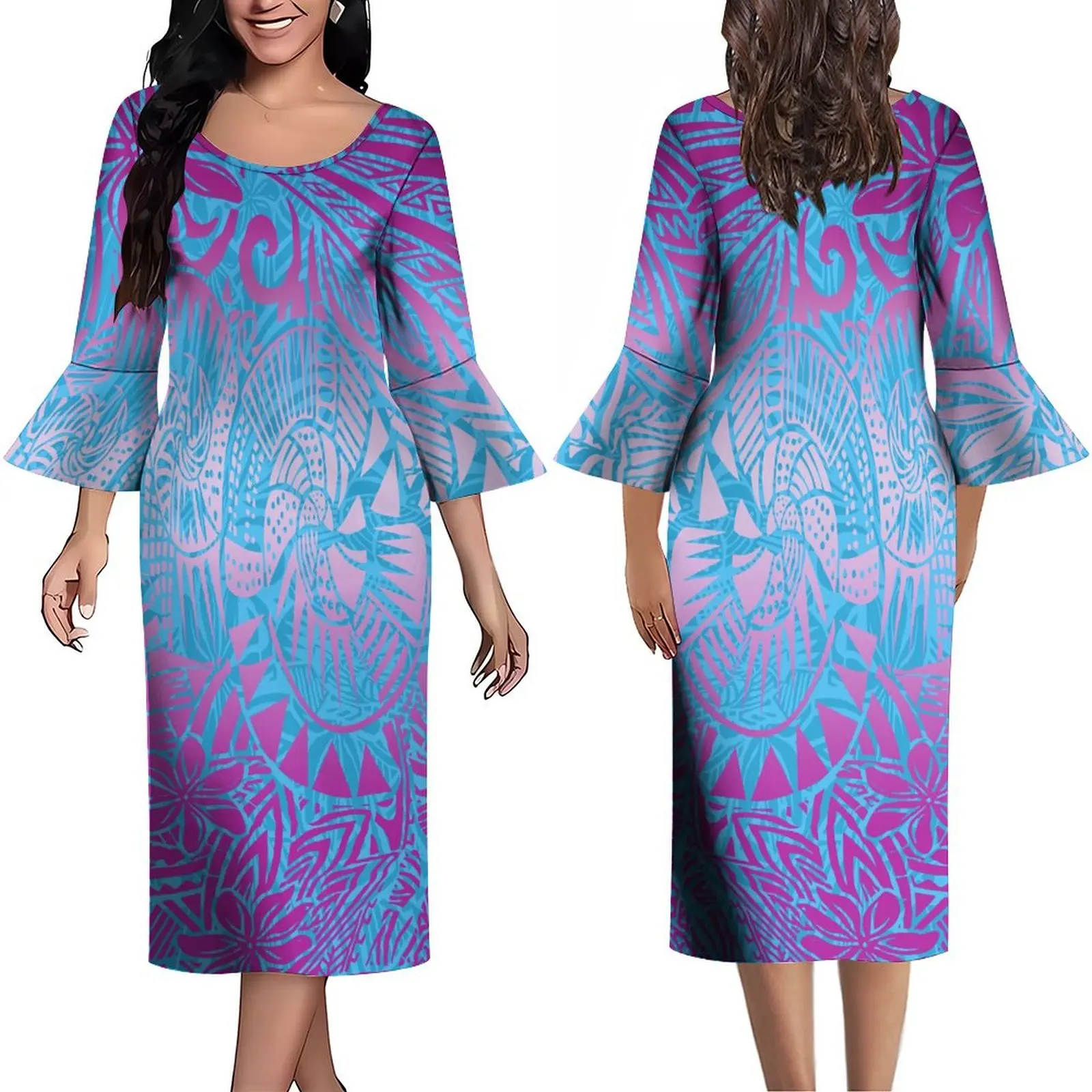 Samoa Women Flared Sleeve Big O-Neck Long Dress Soft Fabrics For Polynesian Clothing Mature Purple Flavor Customizable