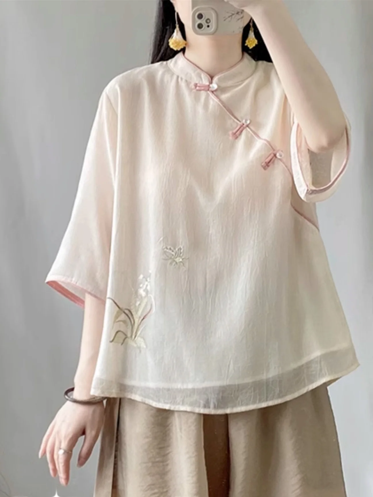 Ele chinois Sle brodé lin irt femmes été Faion Unique beau coton lin boutonné haut