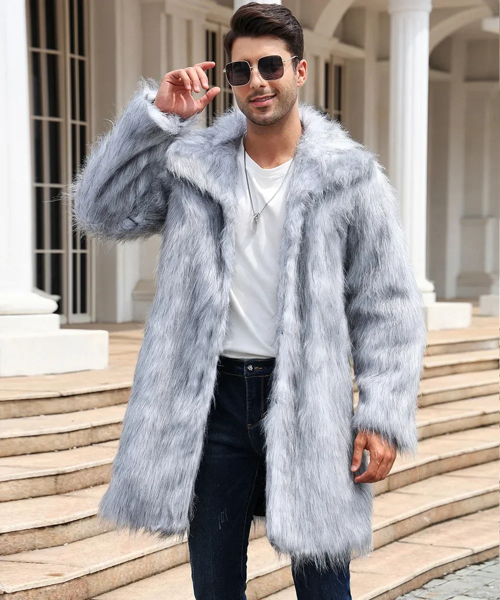 Men Faux Fox Fur Jacket Coat Winter Thick Fluffy Long Sleeve Warm