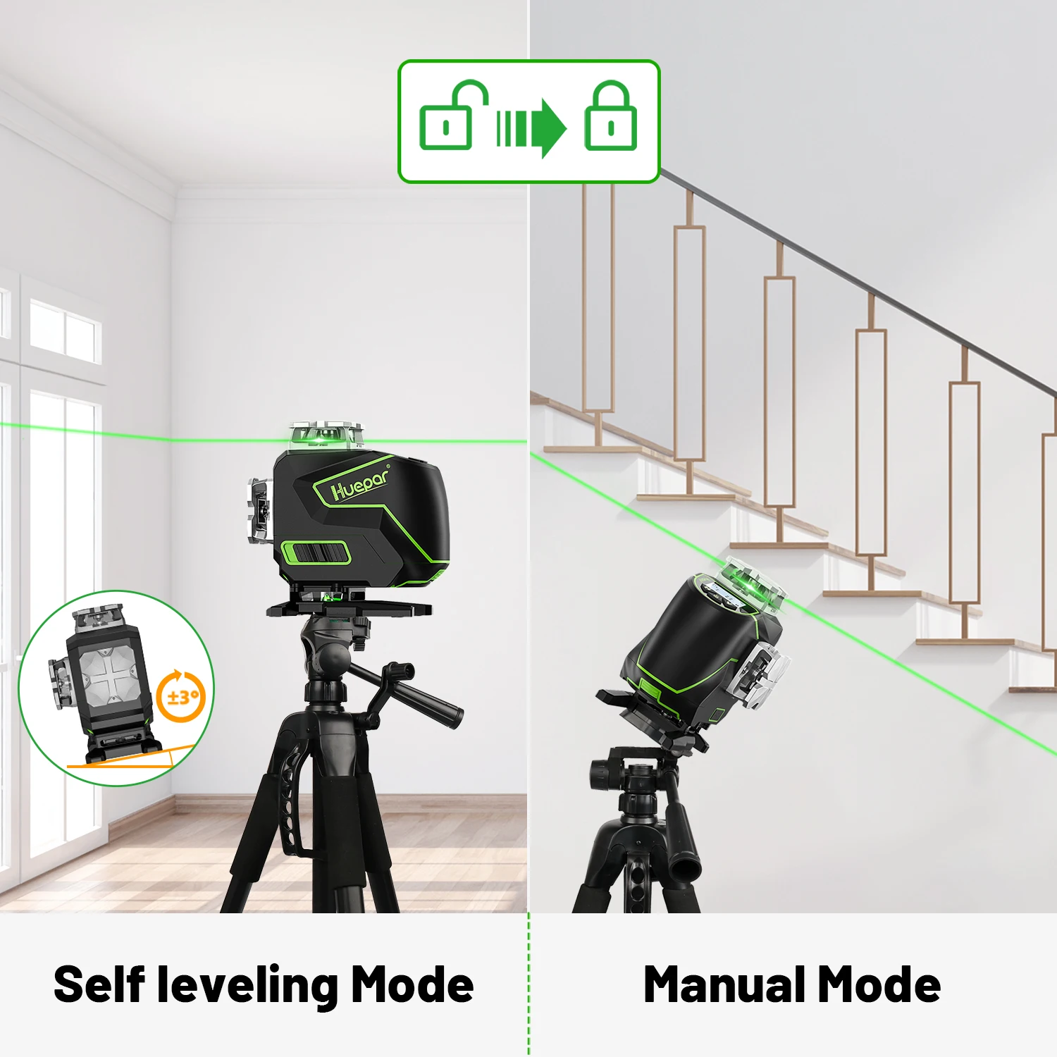 Huepar S04CG-C 4D Green Laser Level Selbstnivellierende Kreuzlinienlaserwerkzeuge mit Detektor, LCD-Display, Fernbedienung, Bluetooth und Halterung