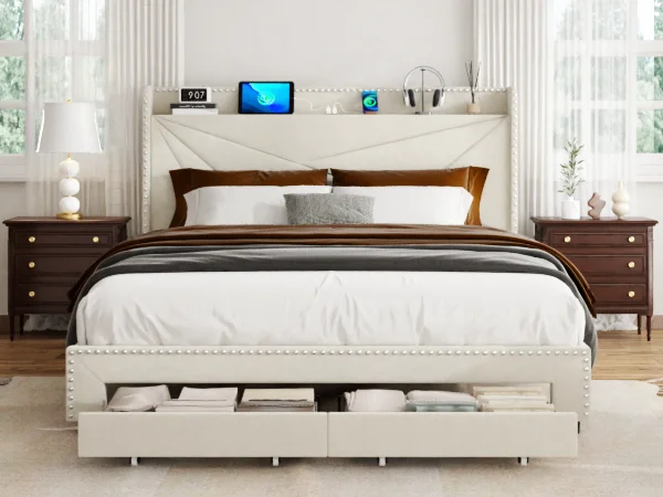 

！@Modern King Size Bedroom Furniture Set Luxurious Bed Design Tatami Frame Luxurious Storage Space Saving Wood Panel Style