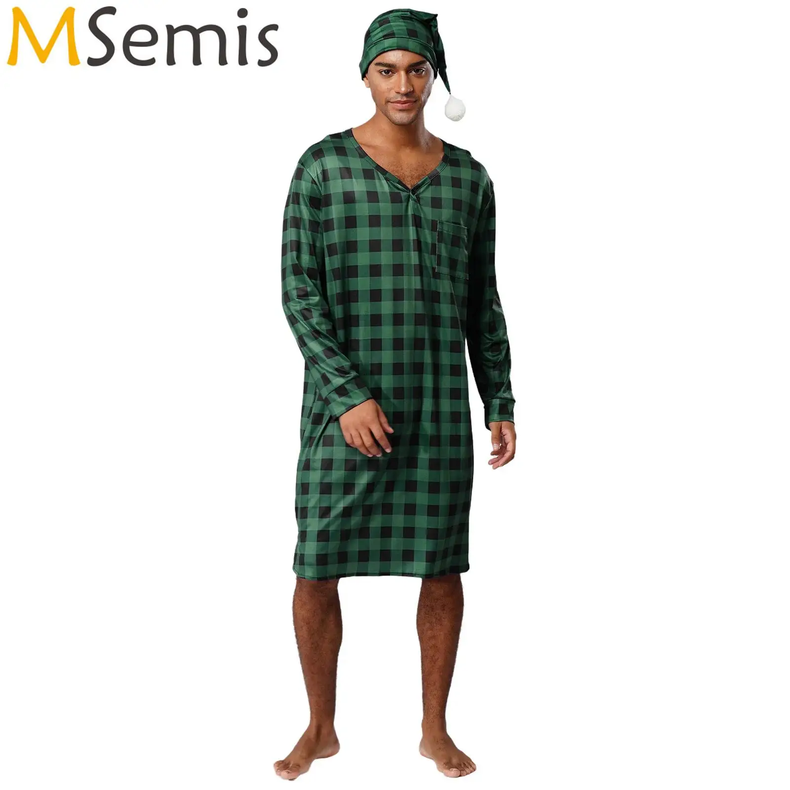 

Mens Checked Loose Sleep Dress with Hat V Neck Long Sleeve Pocket Plaid Pajama Robe Nightgown Homewear Christmas Costumes