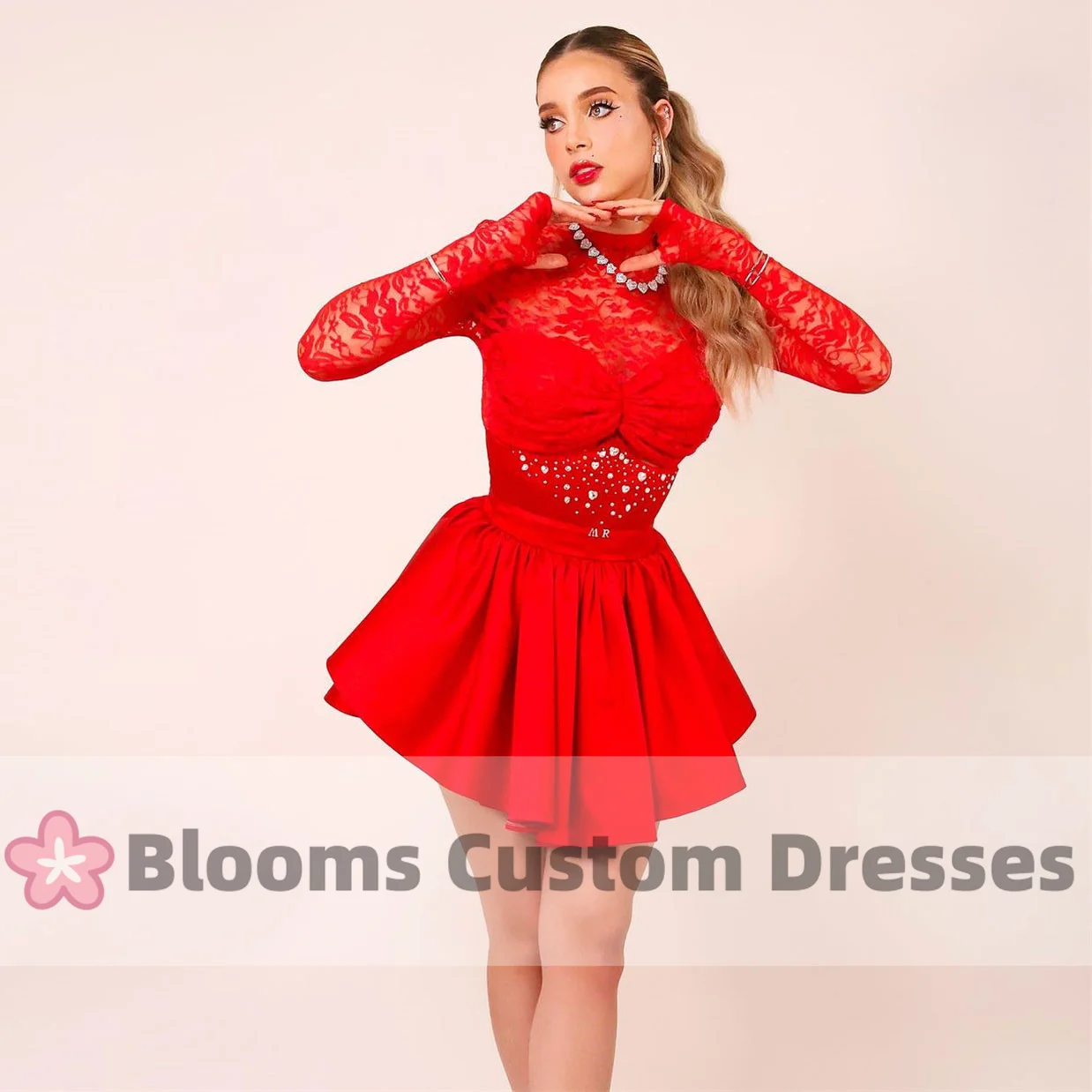 

Blooms Red Lace Long Sleeves Mini Prom Dresses Satin A-Line Above Knee Cocktail Beads Elegant Formal Occasion Party Gown