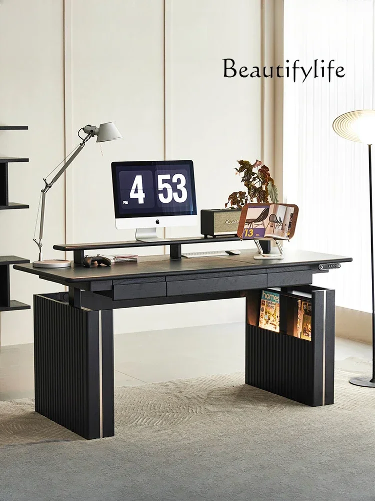 Solid Wood Electric Liftable Computer Desk Light Luxury Black Study Workbench with Drawer Game Tables