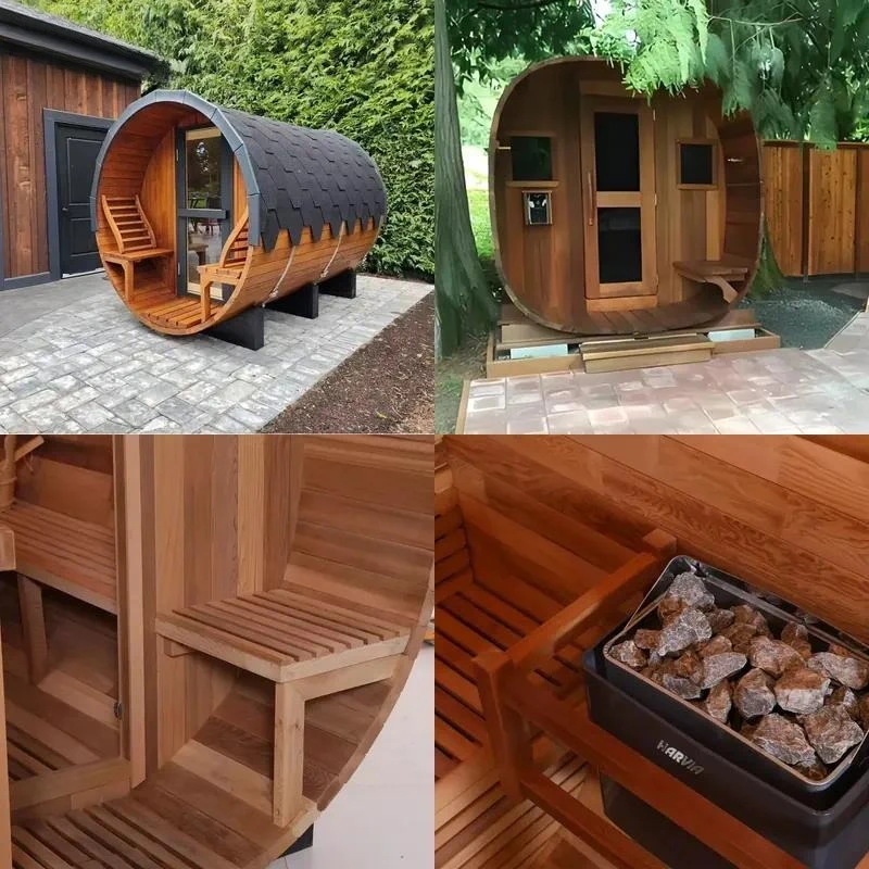 Custom 5 Person Panoramic Window Outdoor Barrel Sauna Hemlock Wood Traditional Steam Sauna with Electric Stove for Spa Resort