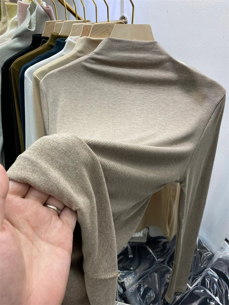 

Long Sleeve Fleece Lined Brushed T-Shirt Women's Slimming Base Shirt Top Half High Collar Comfortable Polyester Cot...