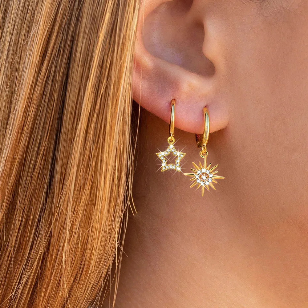 Charms Huggie Earring , Cubic Zircon Star Sun Heart Drop Earring Women, CZ Dangle Ear Jewelry