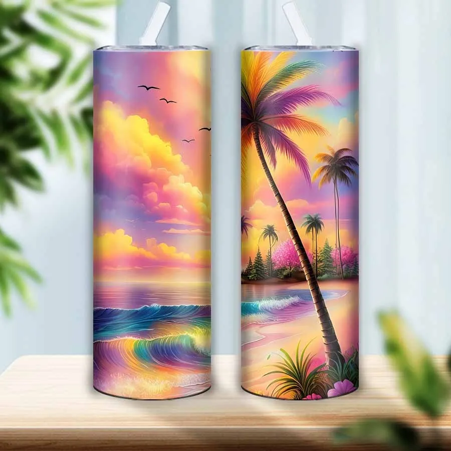 Fashion 3D Print Seaside Beach Sunset Festive Cups Straw Lid 20oz Stainless Straight Tumblers Festive Seamless Inflated Tumblers