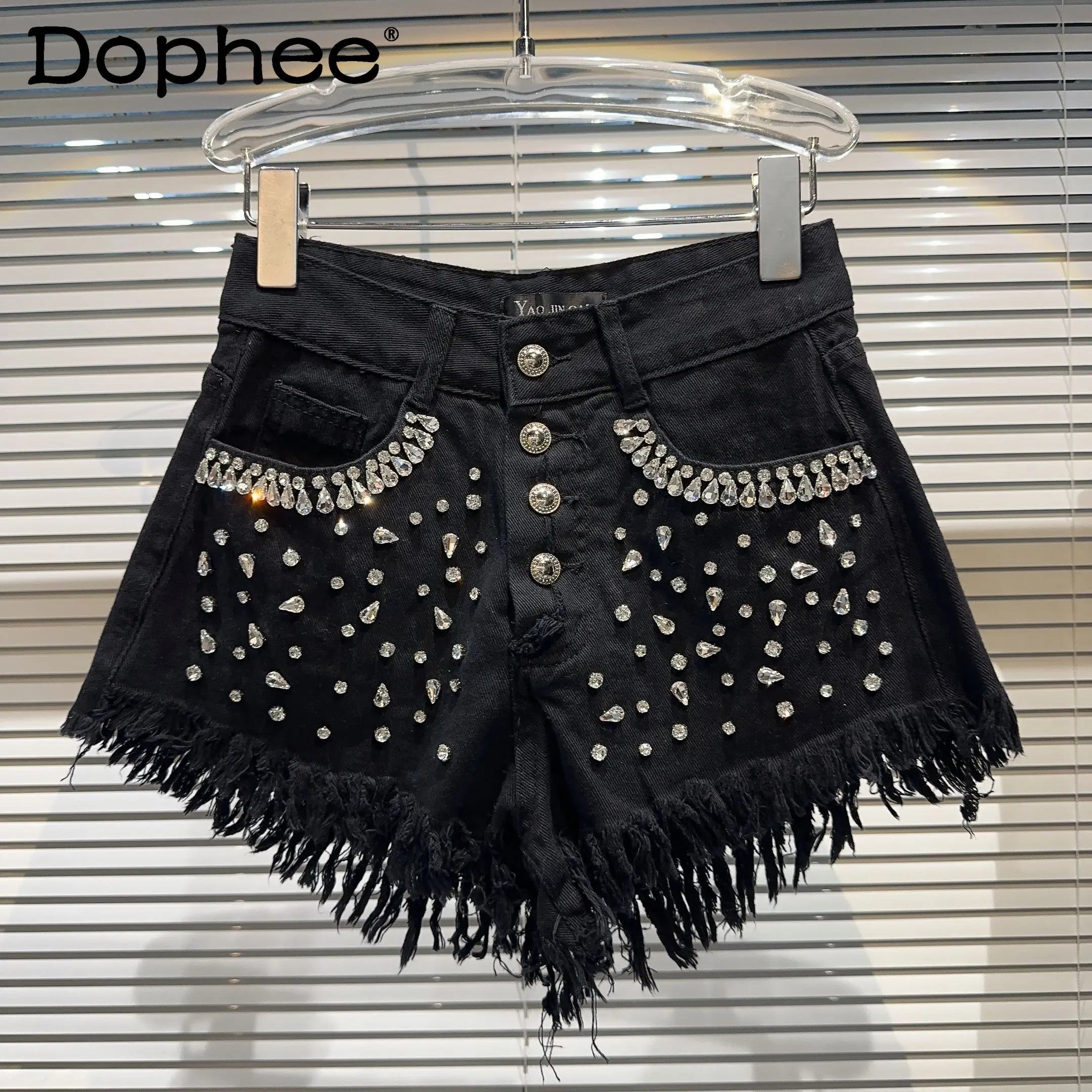 Black High Waist Large Particles Rhinestone Beaded Three Points Denim Shorts 2024 Summer New Hot Girl Style Tassel Booty Shorts