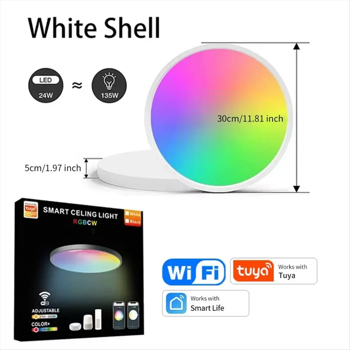 【ILLUMINE】Tuya WiFi Smart LED Ceiling Light AC 220V 24W RGBW Round Ceiling Lamp Lighting for Alexa Google Home Voice Control A