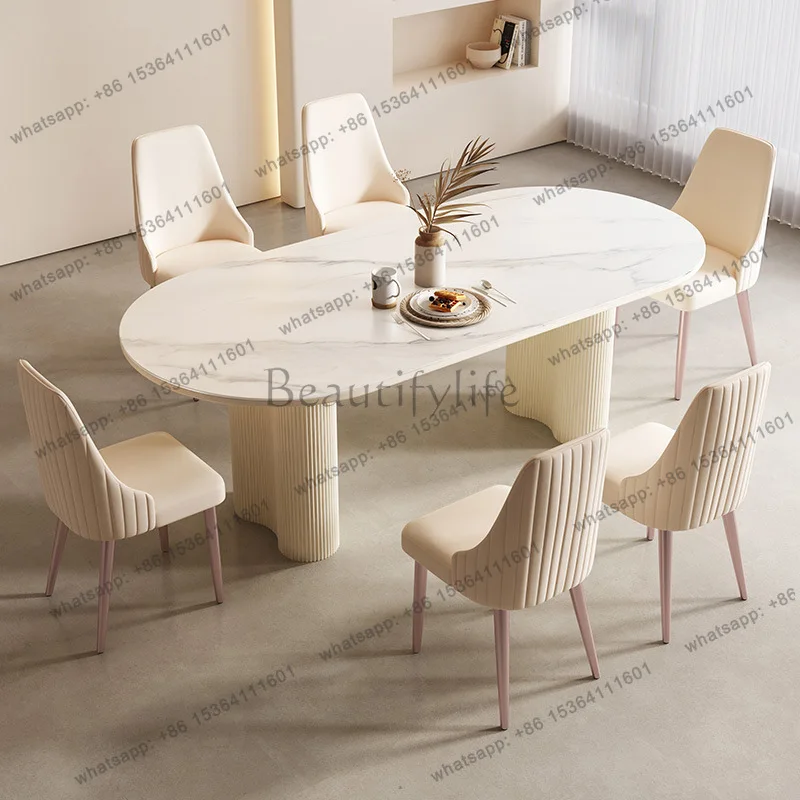 French cream wind rock board dining table and chair combination new light luxury modern simple oval