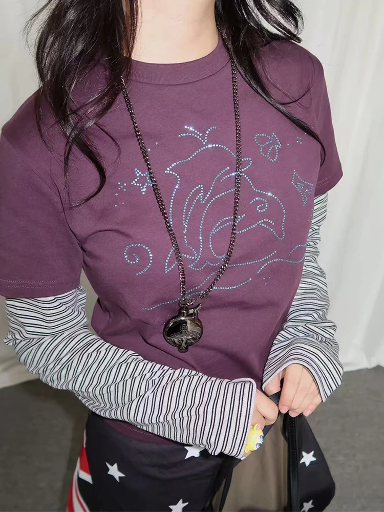 

Autumn Vintage Patchwork T Shirt Women American Chic Rhinestones Long Sleeve Pullover Y2K Streetwear Slim Splicing Mujer Tees