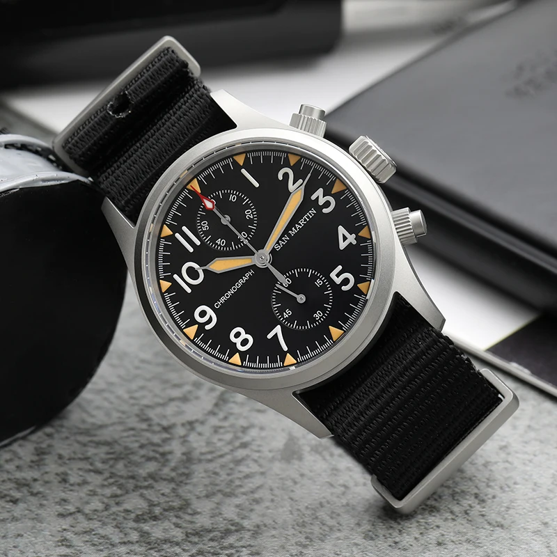 San Martin SN0120W 37mm Men Chronograph Watches Vintage Military Pilot Quartz Movement Watch Bead Blasted Case Waterproof 100m