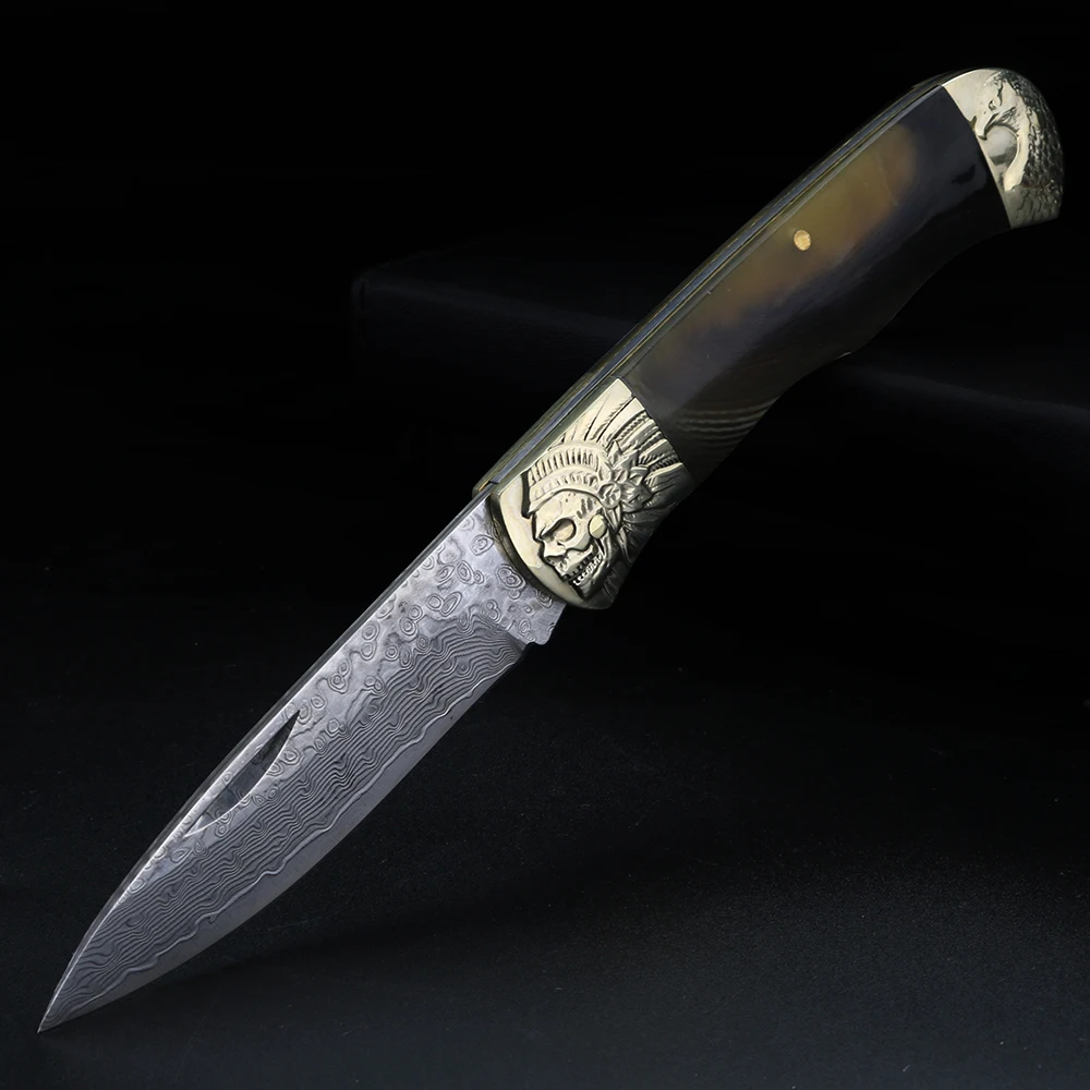High Quality Damascus Horn Folding Knife Handle, High Hardness, Portable Outdoor Pocket Knife, Fruit Knife