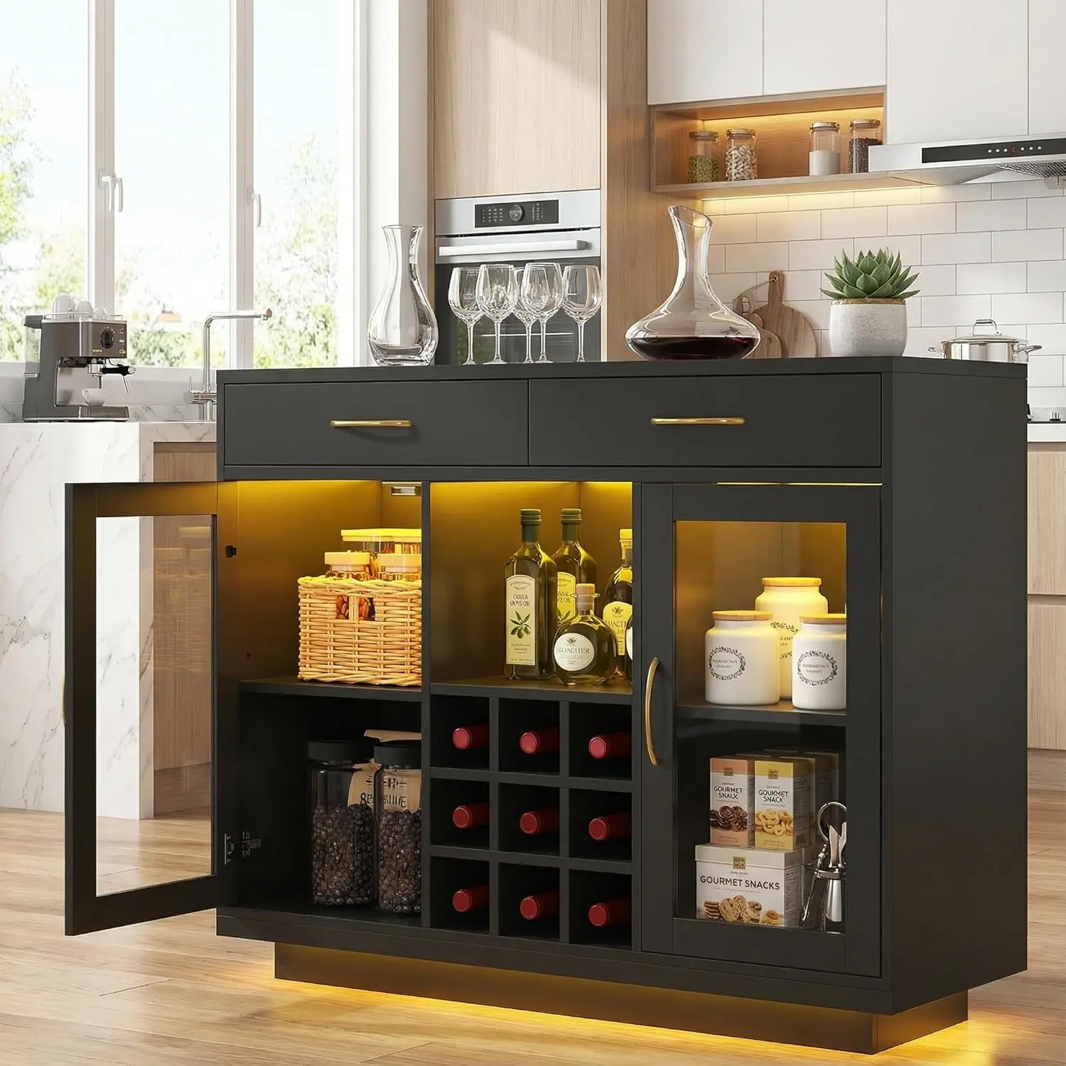 Wine Bar Cabinet with LED Lights, Black Liquor Cabinet Bar Cabinet, Coffee Bar Cabinet with Glass Rack, Kitchen, Customized