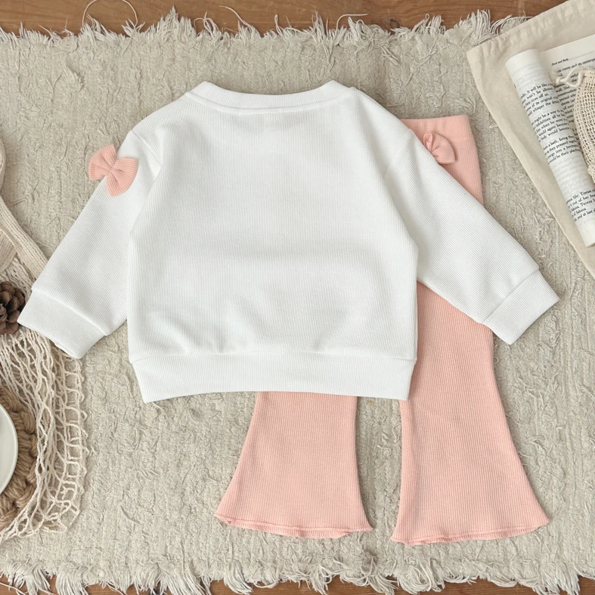 Autumn Toddler Baby Girls Outfit Bowknot Decor Long Sleeve Sweatshirt Pink Flare Pants Spring Clothes Baby Newborn Items