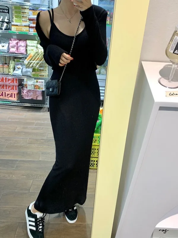 Chic Spring Pure Desire Long Sve Open Cardigan Coat plus Knitted Wrap around Strap Dr Two Piece Set Bodycon Sle