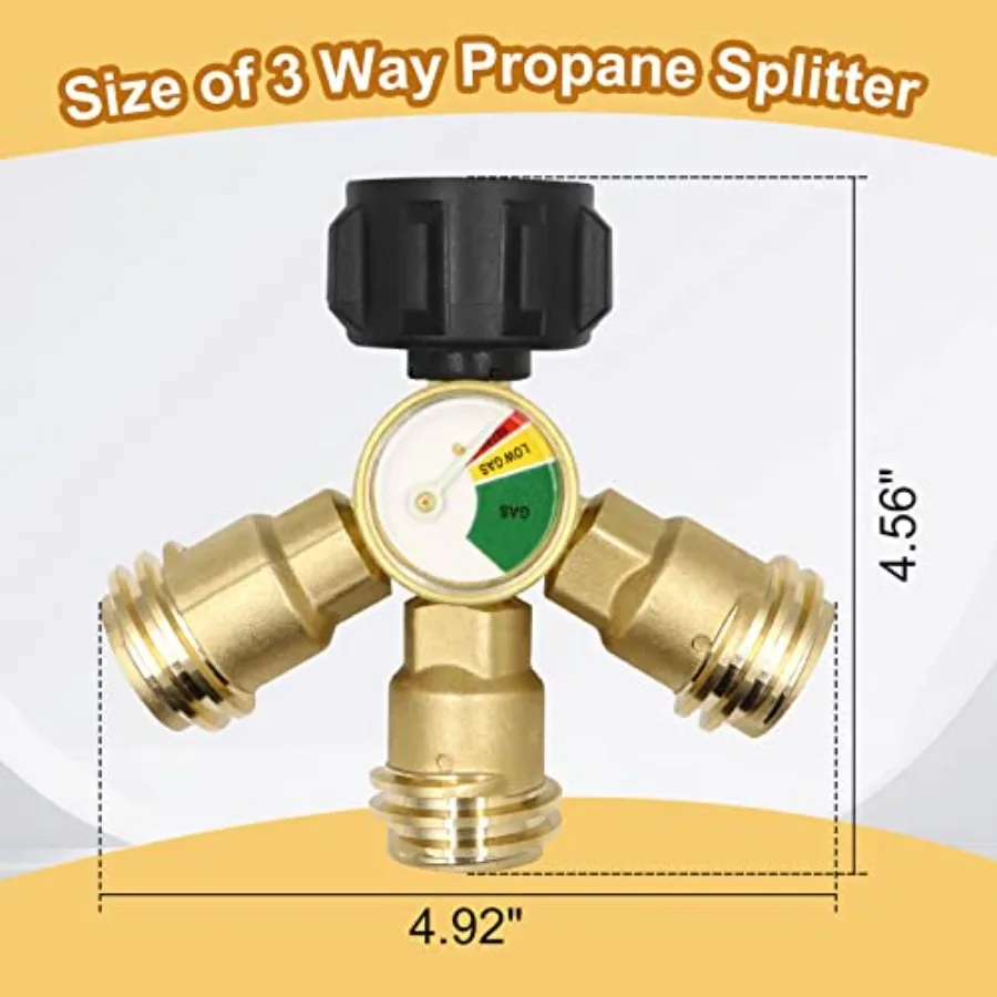 3 Way Propane Splitter QCC/POL with Gauge and Shut-Off Vae Propane Tank Splitter, 3 Y Propane Gas Splitter Adapter for Propane
