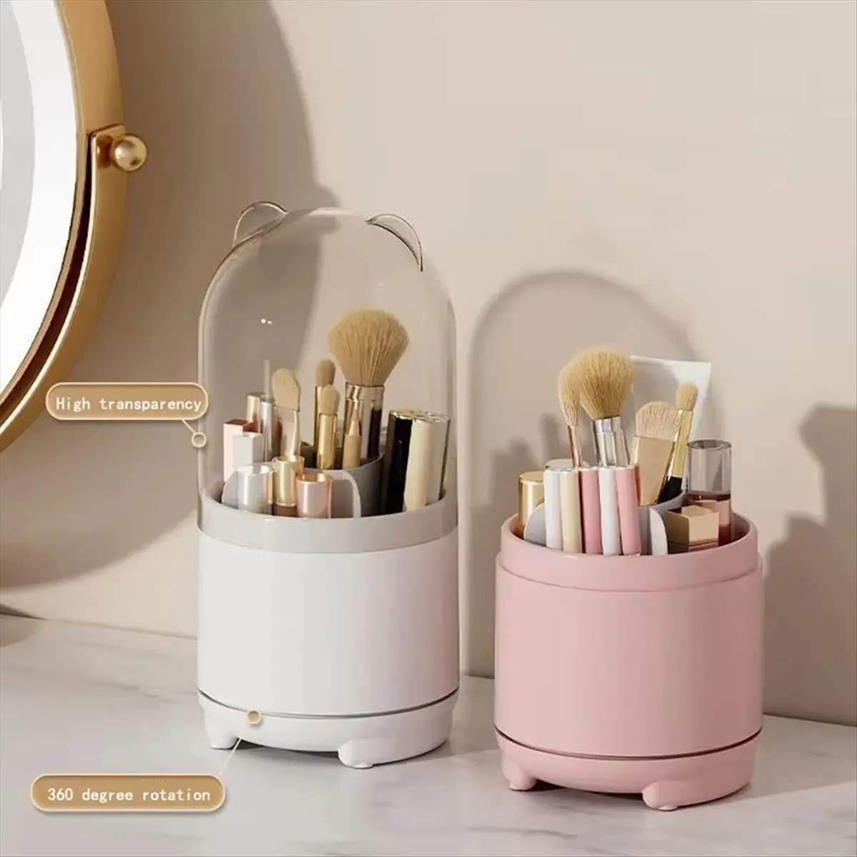 &A11I 360-Degree Rotating Makeup Brush Holder with Dustproof Lid, Large Capacity Cosmetic Storage Organizer Pink