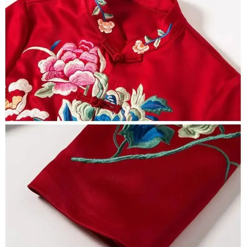 بلوزة مطرزة على الطراز العرقي بلوزة صينية مطرزة بتصميم عتيق للنساء 2024 سترة بنمط جديد معطف قطني فضفاض للنساء للخريف