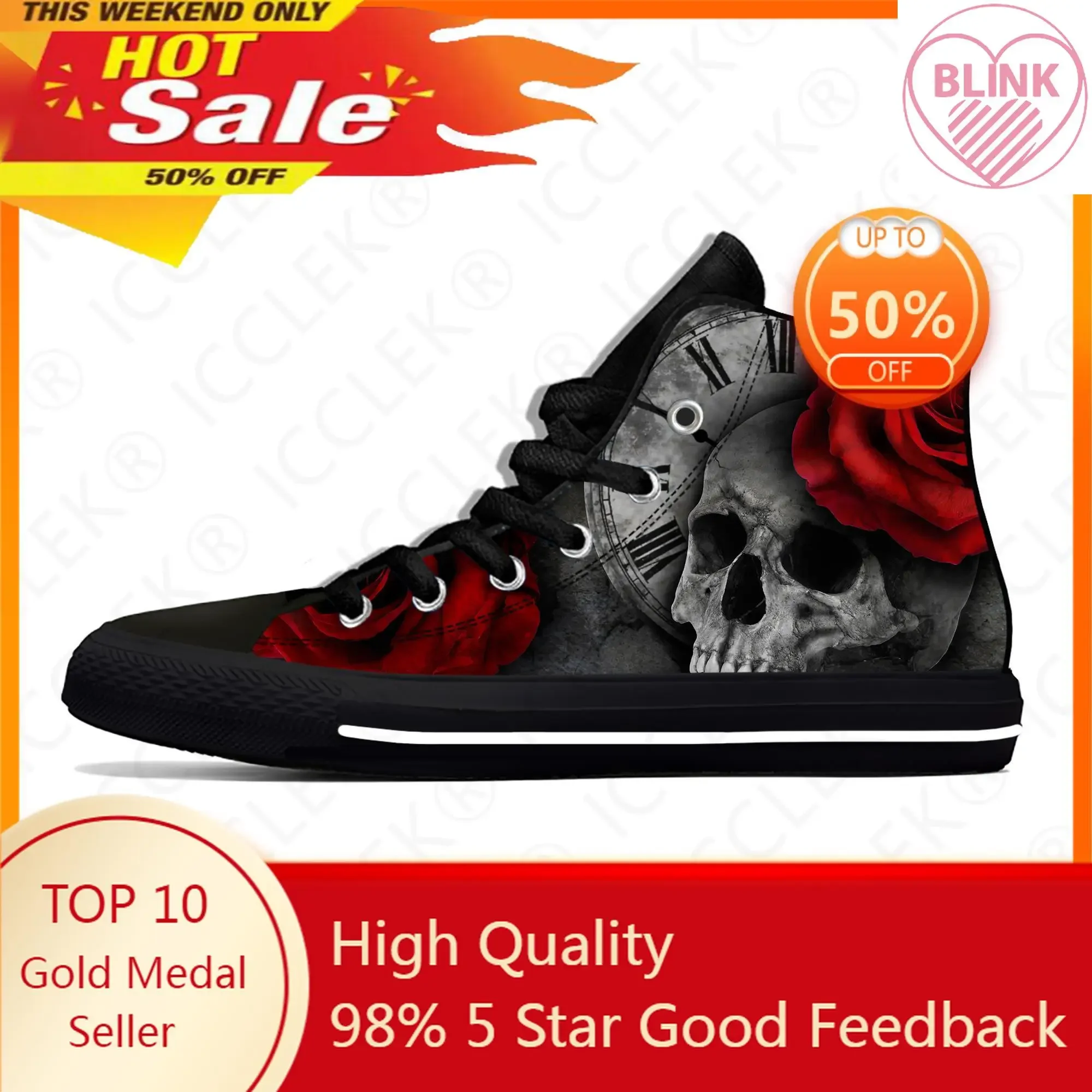 

Hot Skulls Roses High Top Sneakers Mens Womens Teenager Casual Shoes Canvas Running Shoes 3D Printed Breathable Lightweight Shoe