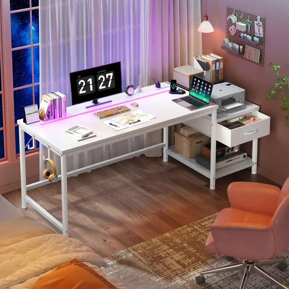 56 Inch Gaming Desk With Power Outlet LED Lights Computer Desk With Fabric Drawer Storage Shelf Small Desk For Bedroom,Dorm