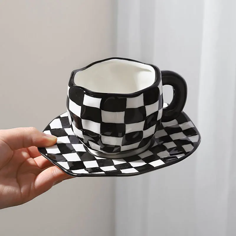 Vintage hand-painted black and white checkerboard coffee cups and plates hand squeezed irregular ceramic cup and plate set