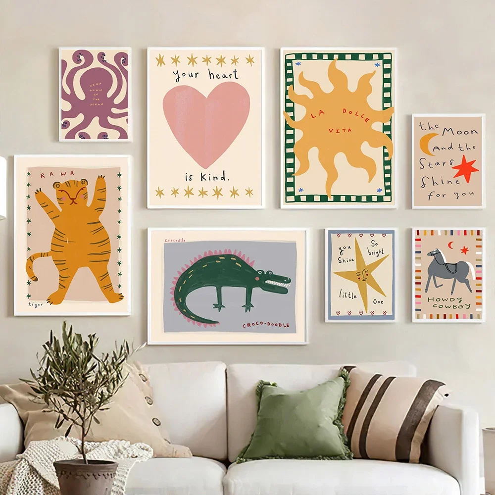 (No frame)Funny Animals Tiger Octopus Posters Prints Moon Stars Shine Wall Art Canvas Painting Pictures for Kids Play Room De