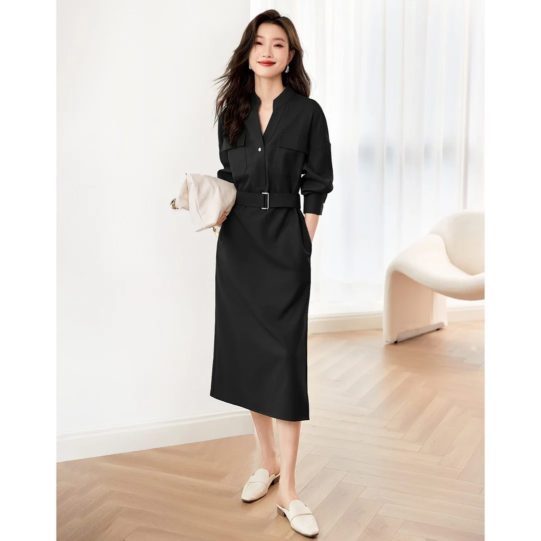 Retro minimalista com decote em v assimetria lado fenda camisa vestidos para feminino chique luxo high-streetslim vestido primavera outono roupas