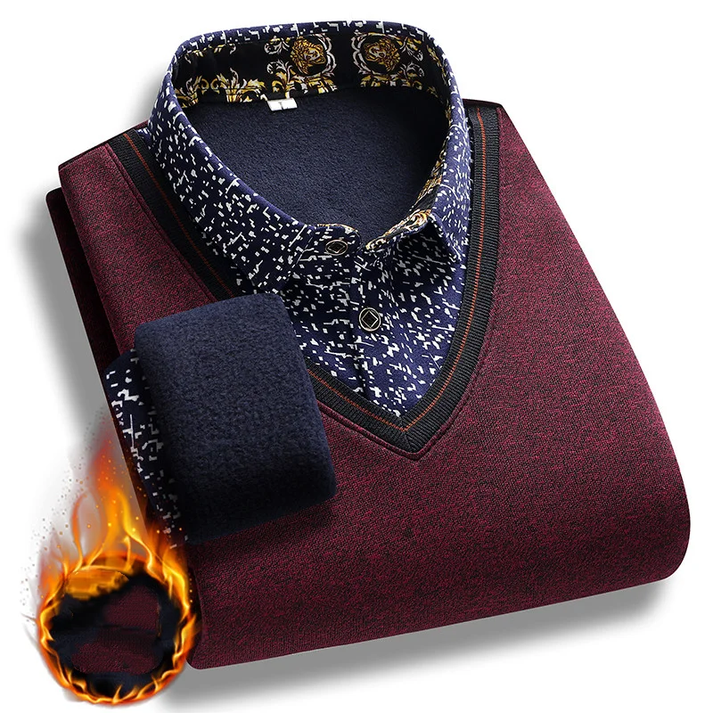 

Mens Plush Warm Sweater Autumn Winter Men Fake Two Piece Sweater Man Polo Collar Fleece Knitted Pullover Man Casual Undershirts