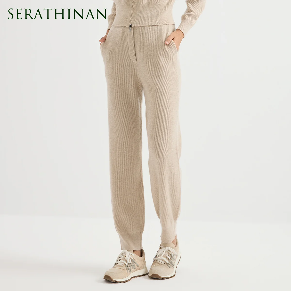 BY4621738 Women's High-Waist Wool Cashmere Blend English Rib Knit Straight Leg Pants Front Zip Fly Fitted Quiet Luxury Fall