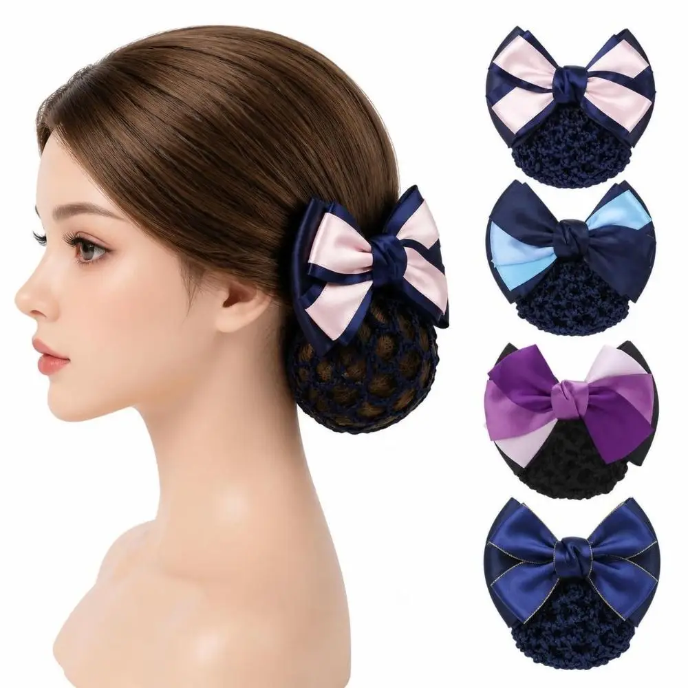 Handmade Hair Bun Cover Net Satin Ribbon Double Bow Hair Net Snood Spring Clip Crochet Elastic Net Barrette Hair Clip
