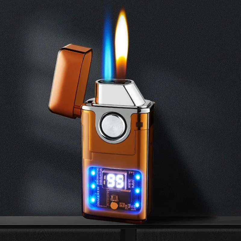 

Многоразовая зажигалка на бутане, двойное пламя, индукционная зарядка, ветрозащитный дизайн, дисплей мощности и аксессуары для курения сигарет.