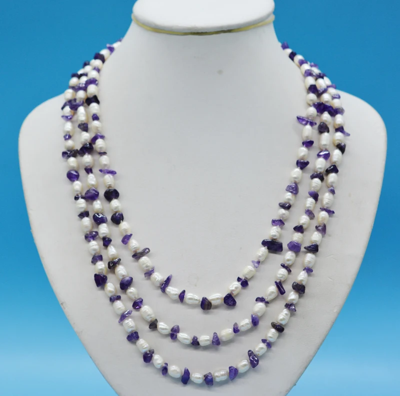 erfect. Pretty! 3 rows, natural pearls. Natural crystal, classic ladies necklace jewelry  19-23