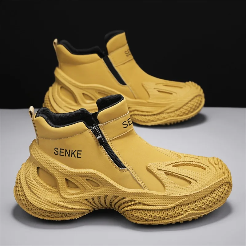

Yellow High Top Sneakers Man Trend Zipper Platform Sock Shoes Men Comfortable Leather Men's Casual Sports Shoe zapatillas hombre