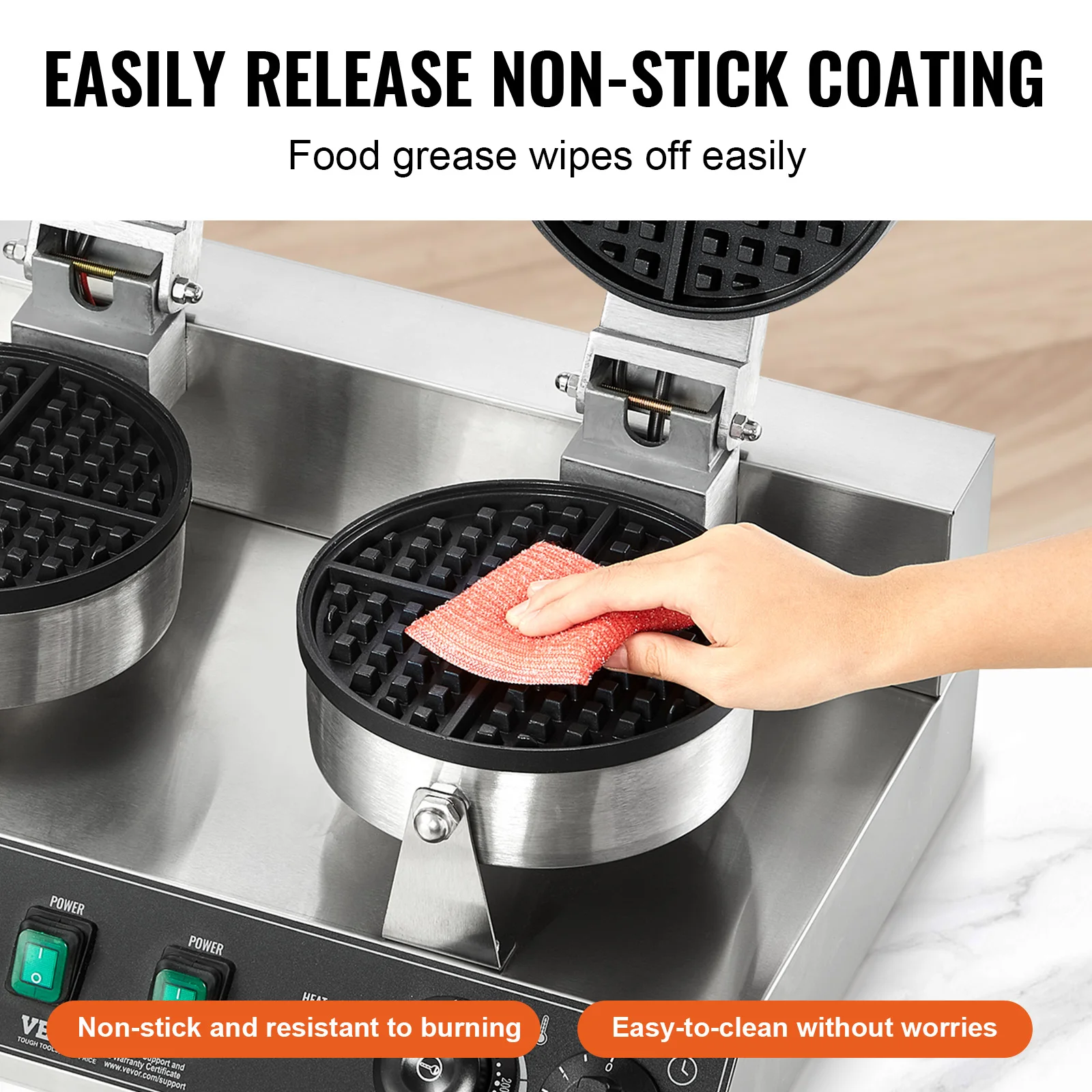 VEVOR Commercial Waffle Maker Dual-Head Round Waffle Baker Machine 2460W Non-Stick Stainless Steel Belgian Waffle Iron with Temp